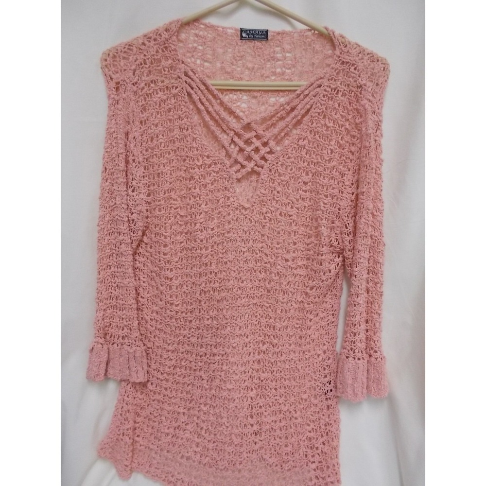 Cahaya by Tanami Pink Open Knit Strappy V-Neck Sweater Ruffle Cuff 3/4 Sleeve - Picture 2 of 6